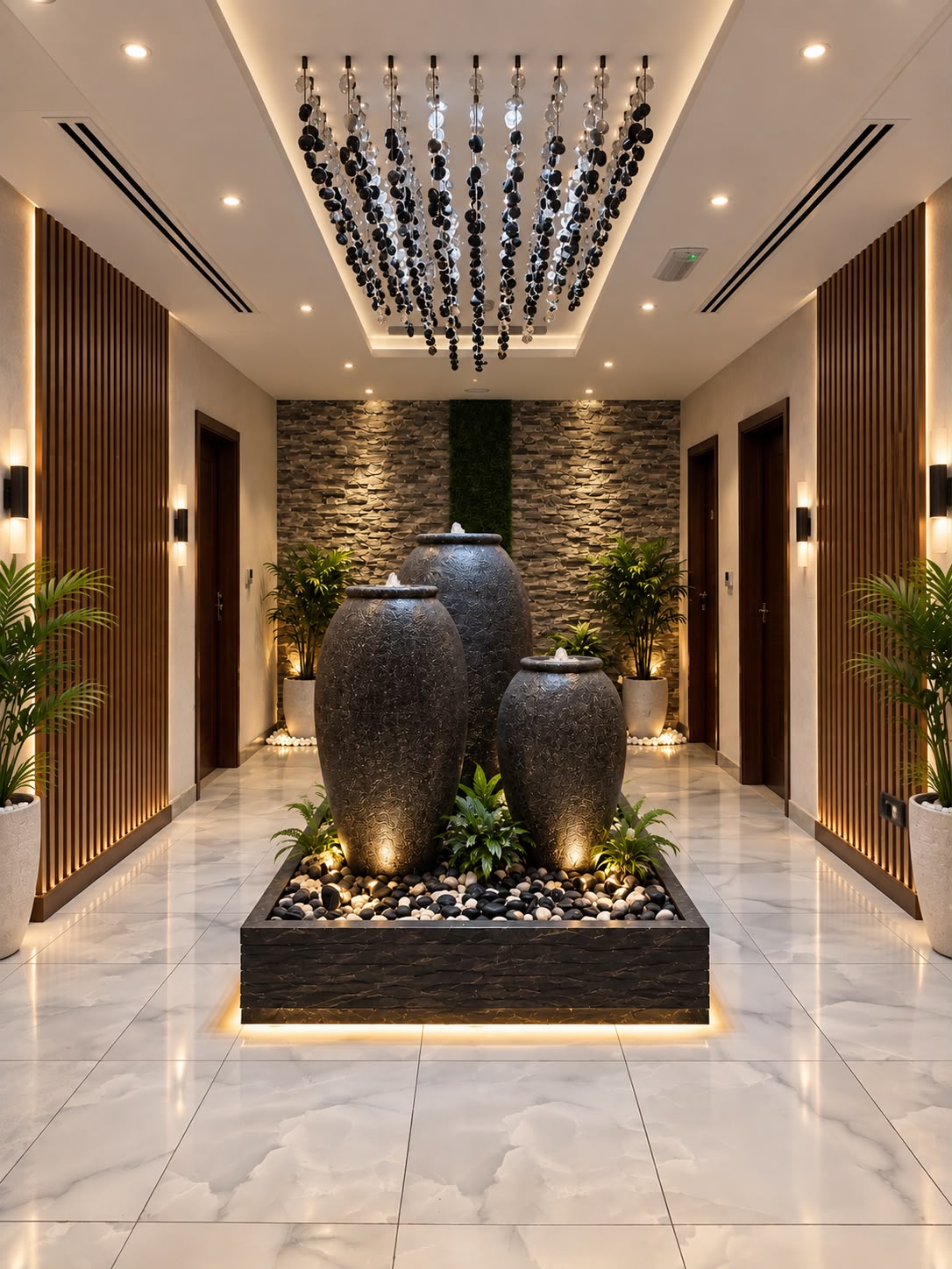 Arrival hall with marble floors, planted urns, and water jars lit from below.
